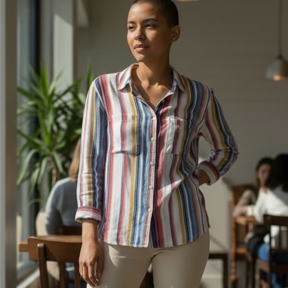 Cloth & Stone Anthropologie Striped Button Down Shirt Rayon Multicolor Medium